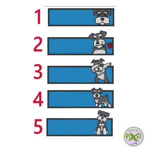 Peut inclure: Cinq motifs de broderie rectangulaires bleus représentant un miniature schnauzer dans différentes poses. Les motifs sont numérotés de 1 à 5.