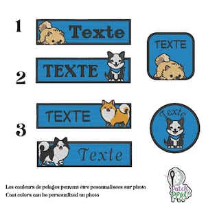 May include: Embroidered patches with cartoon dog illustrations on blue backgrounds. Rectangular and circular patches feature the word "Texte". The dog breeds include a Pomeranian, a Shiba Inu, and a black and white dog.