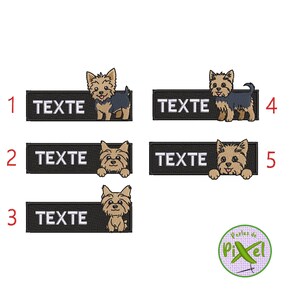 Könnte beinhalten: Fünf schwarz-weiße Stickmotive mit einem Yorkshire Terrier und dem Wort "TEXTE" in weißer Schrift. Die Motive sind von 1 bis 5 nummeriert.
