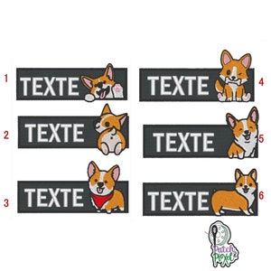 Peut inclure: Six patchs thermocollants brodés représentant un corgi de dessin animé dans différentes poses. Chaque patch a un fond noir avec du texte blanc qui dit "TEXTE".
