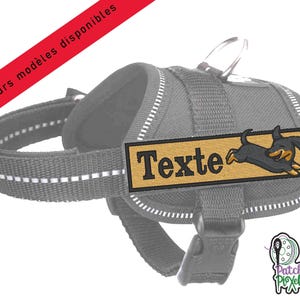 Peut inclure: Un harnais de chien gris avec une bordure noire et blanche. Le harnais a une étiquette rectangulaire avec le mot "Texte" et une image de dessin animé d'un teckel.