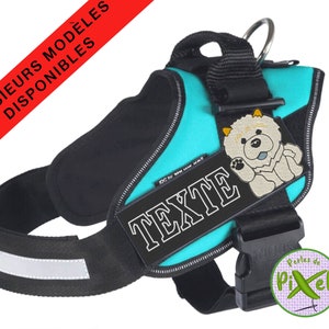 Peut inclure: Un harnais pour chien turquoise avec des sangles noires et une bande réfléchissante. Le harnais a un patch brodé blanc avec un chien dessus et le mot "TEXTE".