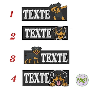 May include: Four black and white Rottweiler dog patches with the word "TEXTE" in white on a black background. The dogs are in different poses, including a dabbing pose, a sitting pose, and a head-on pose.