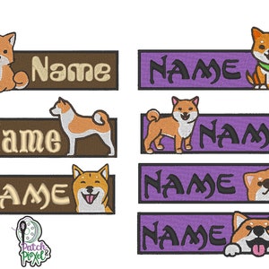 Peut inclure: Dix motifs de broderie différents représentant des chiens Shiba Inu dans différentes poses. Chaque motif comprend le mot "Nom" sur une bannière brune ou violette. Les motifs sont numérotés de 1 à 7.