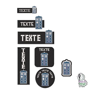 May include: A set of eight black and blue embroidered patches featuring a blue police box with the text "TEXTE" in white. The patches are in various shapes and sizes, including rectangular, square, and circular.