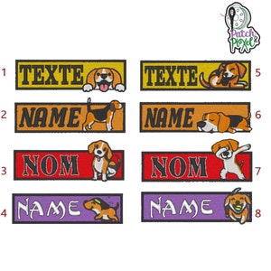 Peut inclure: Huit patchs brodés différents à repasser, représentant un beagle dans différentes poses. Les patchs sont de couleurs différentes et portent les mots "TEXTE", "NAME" et "NOM".