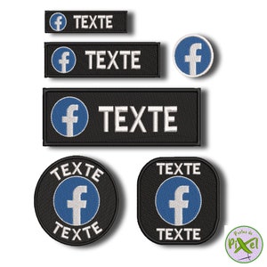 May include: Set of six embroidered iron-on patches featuring the Facebook logo and the word "TEXTE" in white text on a black background. The patches are in various shapes and sizes, including rectangular, square, and circular.