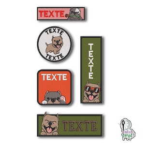 Könnte beinhalten: Fünf gestickte Patches mit einem Cartoon-Hund mit verschiedenen Gesichtsausdrücken und Accessoires. Die Patches sind in verschiedenen Farben und Formen, darunter ein Kreis, ein Rechteck und ein Banner. Der Text "TEXTE" ist auf jedem Patch abgebildet.