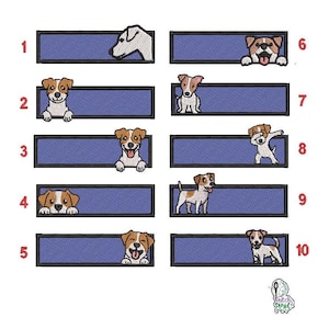 Peut inclure: Dix motifs de broderie différents représentant des Jack Russell Terriers dans différentes poses. Chaque motif est sur un fond rectangulaire bleu avec une bordure blanche. Les motifs sont numérotés de 1 à 10.