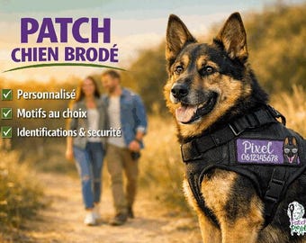 Embroidered dog identification patch – personalized name – harness patch – dog tag – safety accessory – durable embroidery