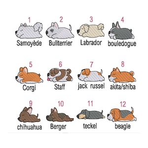 Peut inclure: Illustration de 12 races de chiens différentes, chacune couchée dans un style cartoon. Les races sont : Samoyède, Bullterrier, Labrador, Bouledogue, Corgi, Staff, Jack Russel, Akita/Shiba, Chihuahua, Berger, Teckel, et Beagle.