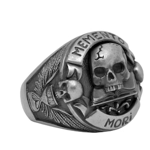 Masonic Sterling Silver 925 Skull over Book Memento Mori Men Biker Ring, US Sizes Handcrafted Gift