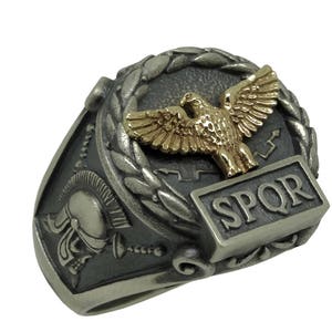 Eagle SPQR Oxidized Sterling Silver 925 and Solid Yellow 10K Gold Men's Ring Skull Biker Roman Empire Handcrafted Gift
