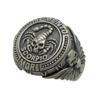 Scorpio Zodiac Skull Biker Masonic Men’s Sterling Silver Ring