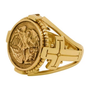 Anillo de cruz de oro macizo de 14 quilates o 10 quilates para hombre de San Miguel Arcángel, tallas de EE. UU., hecho a mano