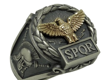 Eagle SPQR Oxidized Sterling Silver 925 and Solid Yellow 10K