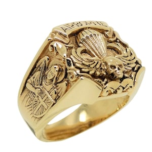 Airborne Skull Solid 10K or 14K Gold  Men&#39;s Ring Saint Michael Army Parachutist