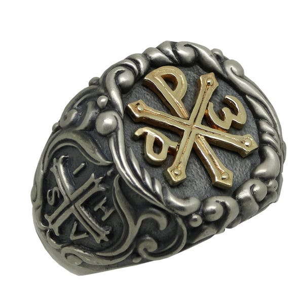 Anello da uomo dei Cavalieri Templari in oro 10 carati argento Alpha Omega Croce Chi Rho