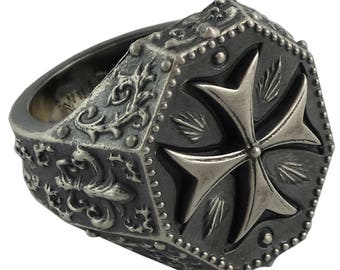 Knights Templar Cross Sterling Silver 925 Biker Men Ring Fleur de Lis Gift