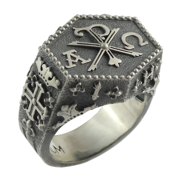 Tempelritter Sterling Silber Kreuz Alpha Omega Herren Ring Chi Rho IHSV