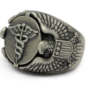 Medical Corps Caduceus Oxidized Sterling Silver 925 American Army Eagle Biker Men Ring