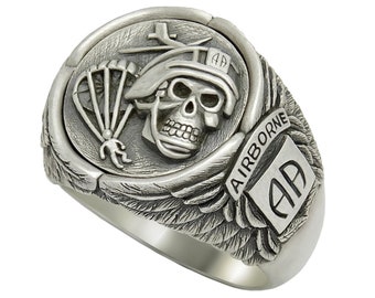 Handcrafted 82nd Airborne Skull Ring: Sterling Silver US Army Biker Ring