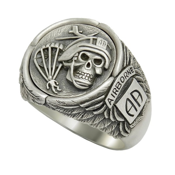 Airborne Corps 82nd Infantry Division Parachutist Soldier Skull Biker Sterling Silver 925 Men Ring Us Army Handcrafted