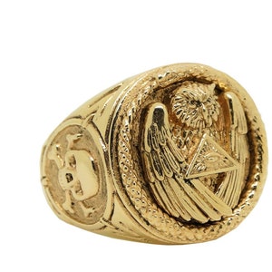 Illuminati Skull All Seeing Eye Solid 14K or 10K Gold Men Ring Snake Owl Masonic