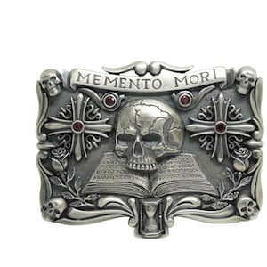 Masonic Men Biker Belt Buckle Sterling Silver Skull Over Book Memento Mori Handmade