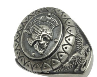 Roman Empire Soldier Skull Biker Sterling Silver 925 Eagle and Snake Men Ring
