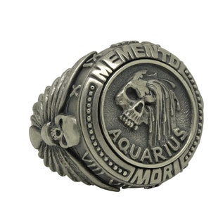 Zodiac Aquarius Skull Biker Masonic Silver 925 Men Ring Memento Mori Handmade