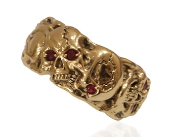 10K or 14K Solid Gold Masonic Skull Band Men’s Ring with Ruby Color Stones Handmade