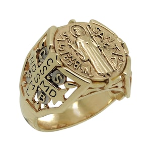Saint Benedict Ancient Medal Solid 14K Gold Ring Exorcism