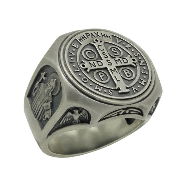 Saint Benedict Men's Ring Medal Sterling Silver 925 Exorcism