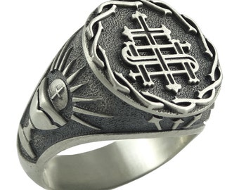 Sterling Silver 925 IHS The Holy Name of Jesus Men Ring Jesuit Handcrafted Oxidized Gift