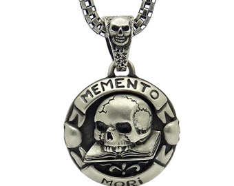 Skull over Book Sterling Silver 925 Men's Woman's Pendant Masonic Memento Mori Biker Handcrafted,  with or without Chain Necklace