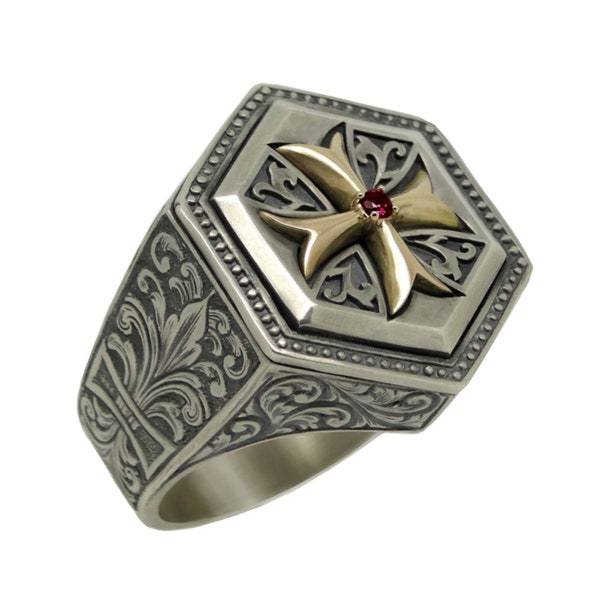 Knights Templar Cross Men Ring Sterling Silver and 10K Gold Fleur de Lis Hand Engraved