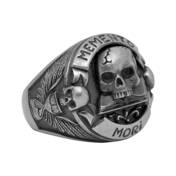 Handcrafted Masonic Sterling Silver Skull Ring, Memento Mori Biker