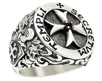 Handcrafted Sterling Silver Knights Templar Ring: Maltese Cross, Red Stone