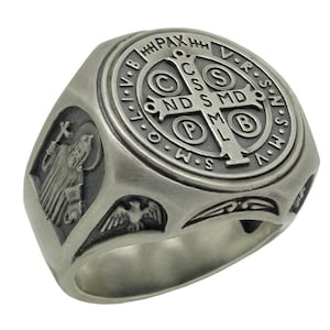 Saint Benedict Men&#39;s Ring Medal Sterling Silver 925 Exorcism Catholic Gift Demon Protection