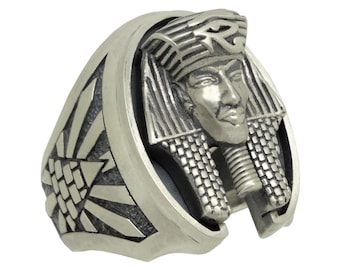 Egyptian Ankh Pharaoh Sterling Silver Men Ring Tutankhamun Eye of Horus