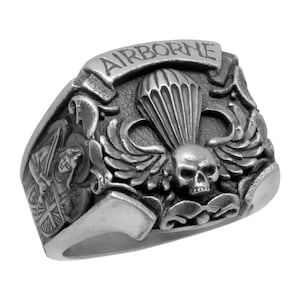 Airborne Saint Michael the Archangel Handcrafted Sterling Silver 925 US Army Parachutist Wing Soldier Skull Biker Men Ring