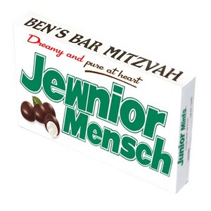 May include: A white box of "Jewnior Mensch" Junior Mints candy. The box has green lettering and the words "Ben's Bar Mitzvah" at the top. The box also has a graphic of chocolate-covered mints.