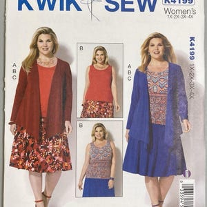 May include: Kwik Sew pattern K4199 for sizes 1X-4X. The envelope displays sewing instructions for a sleeveless top, a skirt, and a long-sleeved cardigan. Models demonstrate variations in solid red and blue colors paired with patterned fabric designs.