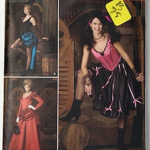 May include: Simplicity sewing pattern 2851, size HH 6, 8, 10, 12. The package features three costume designs: a black corset with a blue skirt, a pink corset with a black ruffled skirt, and a long-sleeved red dress with a gathered waist and skirt.