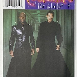 May include: Simplicity sewing pattern 5386 for adult costumes. The package features two long, black, floor-length coats. One coat has a shiny, leather-like finish with a lapel collar, while the other is a matte, high-neck, long-sleeved duster coat.