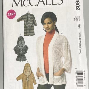 McCall's Pattern M6802 Misses Cardigan Hooded Loose Fit Plus Size 18W-24W UNCUT