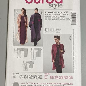 May include: A Burda Style sewing pattern envelope 7167 for a poncho, coat, and jacket. The front displays illustrations and photographs of three garment variations labeled A, B, and C. It includes European sizes 42/44 to 58/60 and US sizes 16/18 to 32/34.