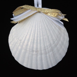 Handmade White Japanese Deep scallop shell ornament with white satin and gold ribbon bow. Ready to hang with white satin hanger.