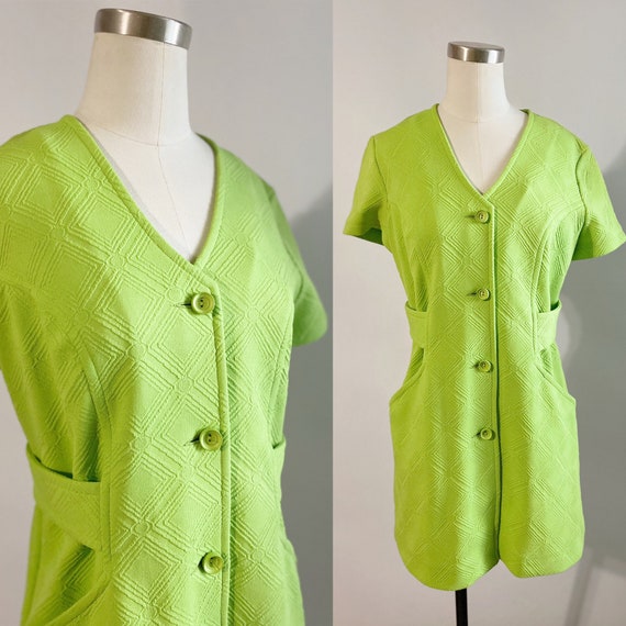 1960s Lime Green Polyester Mini Dress - vintage, m